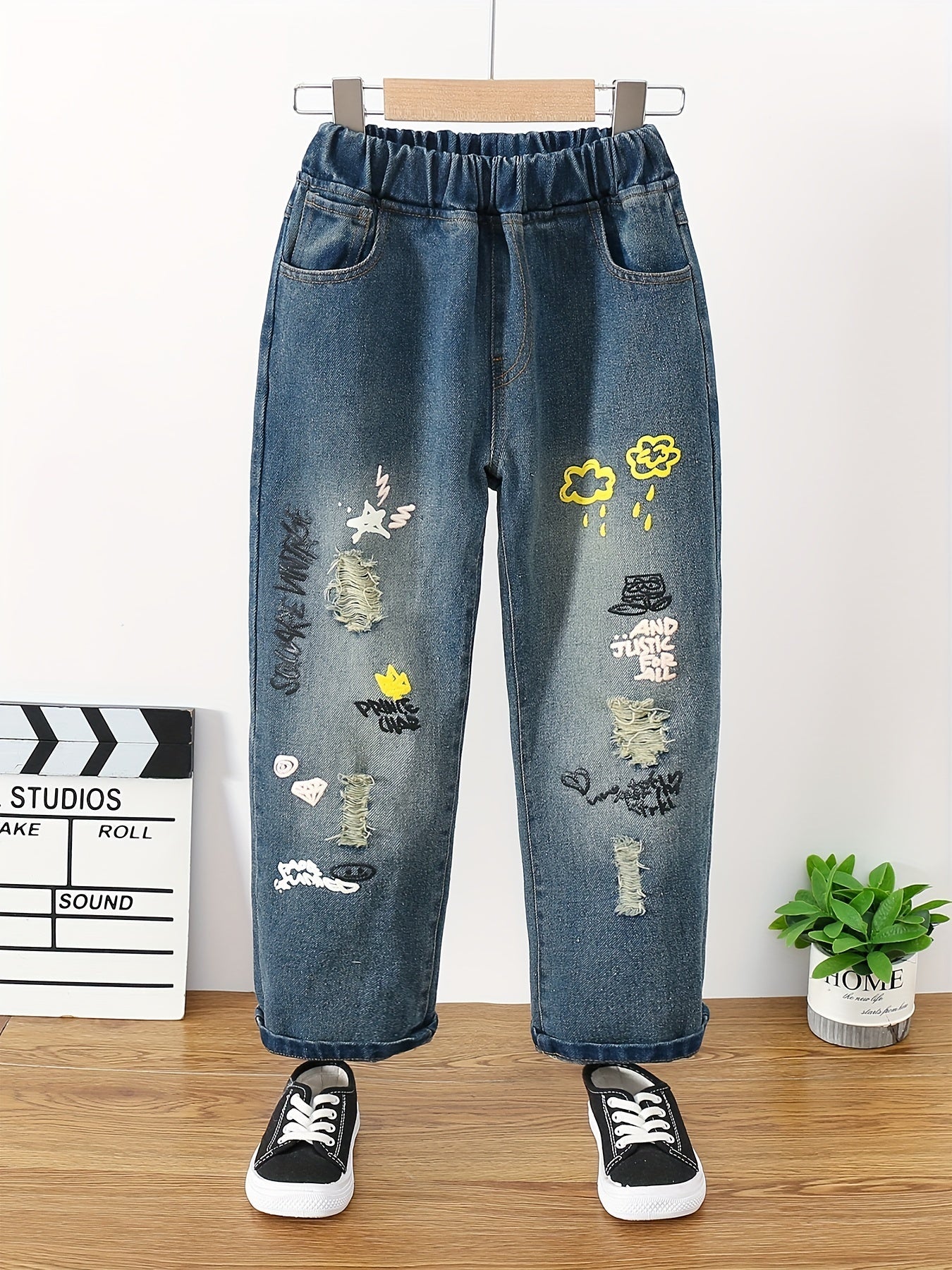 Girls Ripped Tapered Jeans, Cartoon Pattern Elastic Waistband Denim - AdeLShop