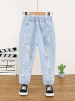 Girls Ripped Tapered Jeans, Cartoon Pattern Elastic Waistband Denim - AdeLShop