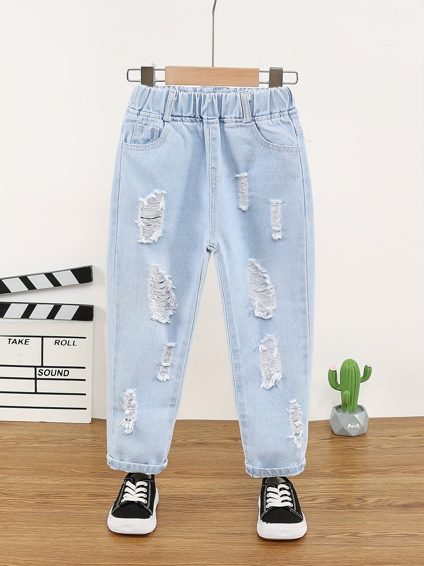 Girls Ripped Tapered Jeans, Cartoon Pattern Elastic Waistband Denim - AdeLShop