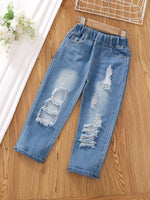 Girls Ripped Tapered Jeans, Cartoon Pattern Elastic Waistband Denim - AdeLShop