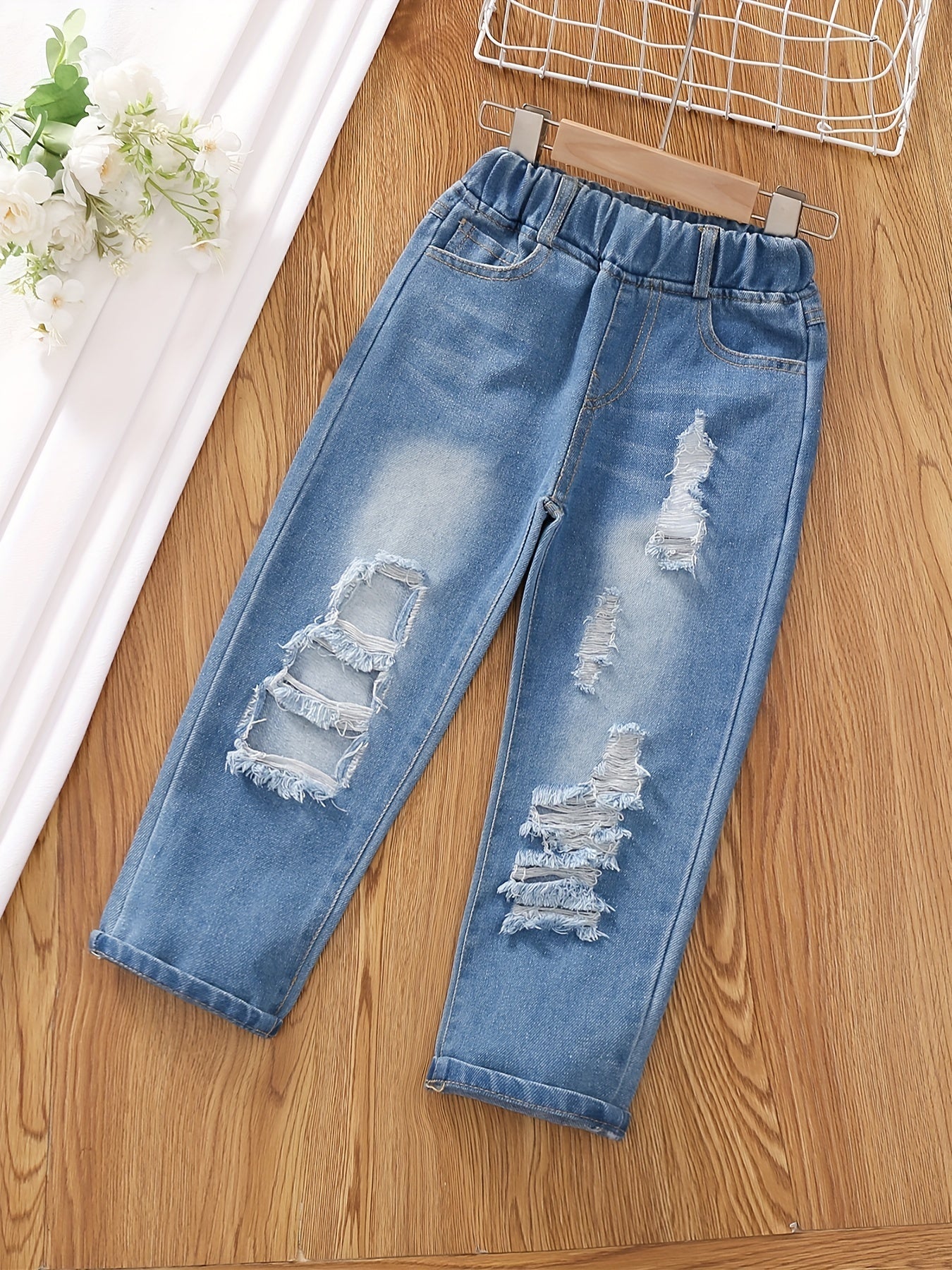 Girls Ripped Tapered Jeans, Cartoon Pattern Elastic Waistband Denim - AdeLShop