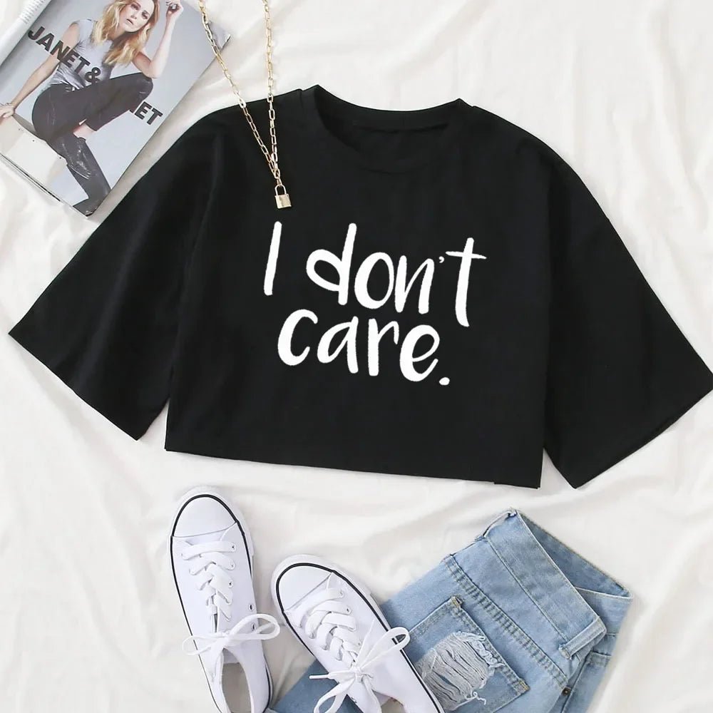 I Don't Care Print Crop Tee T-Shirt Women Clothing - AdeLShop