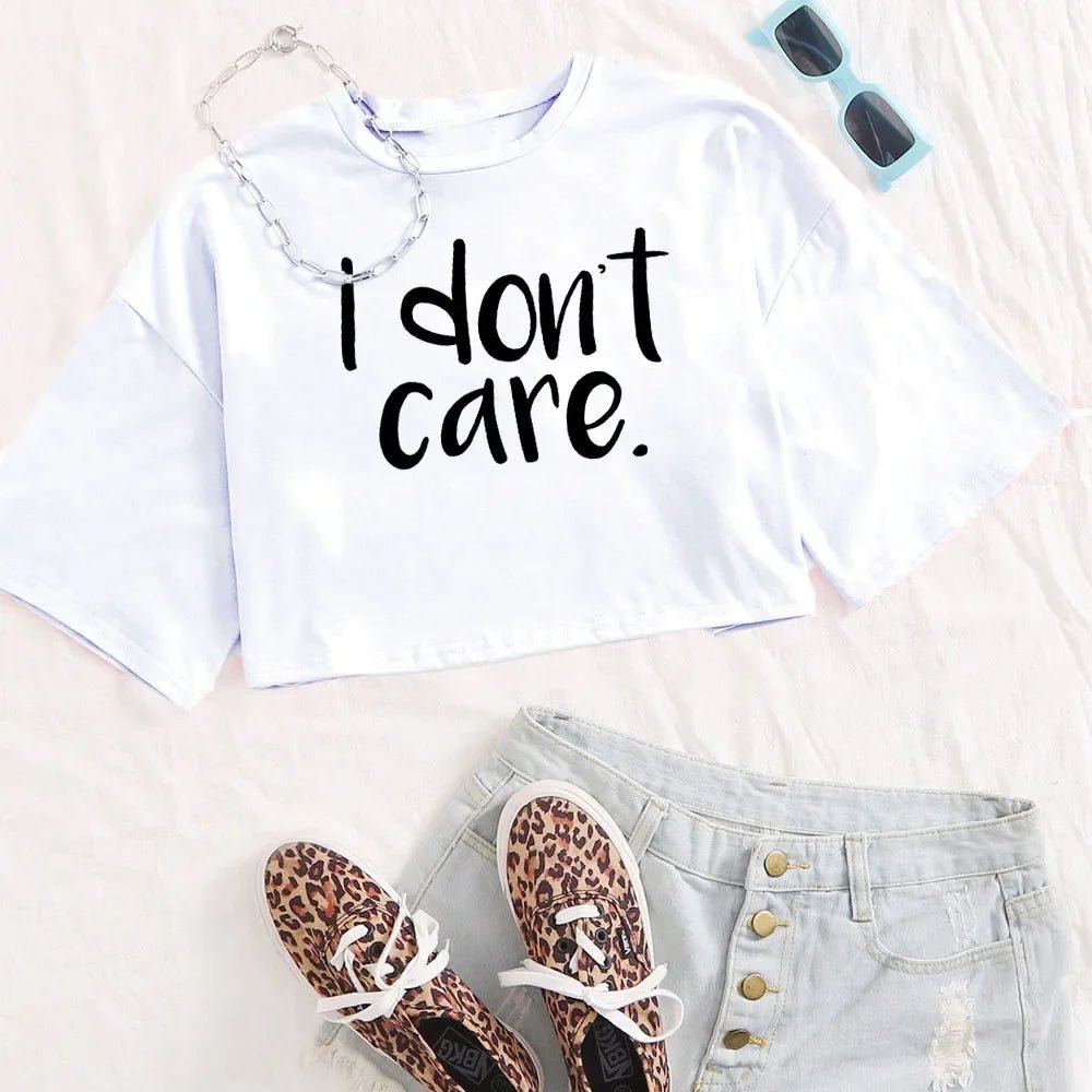 I Don't Care Print Crop Tee T-Shirt Women Clothing - AdeLShop