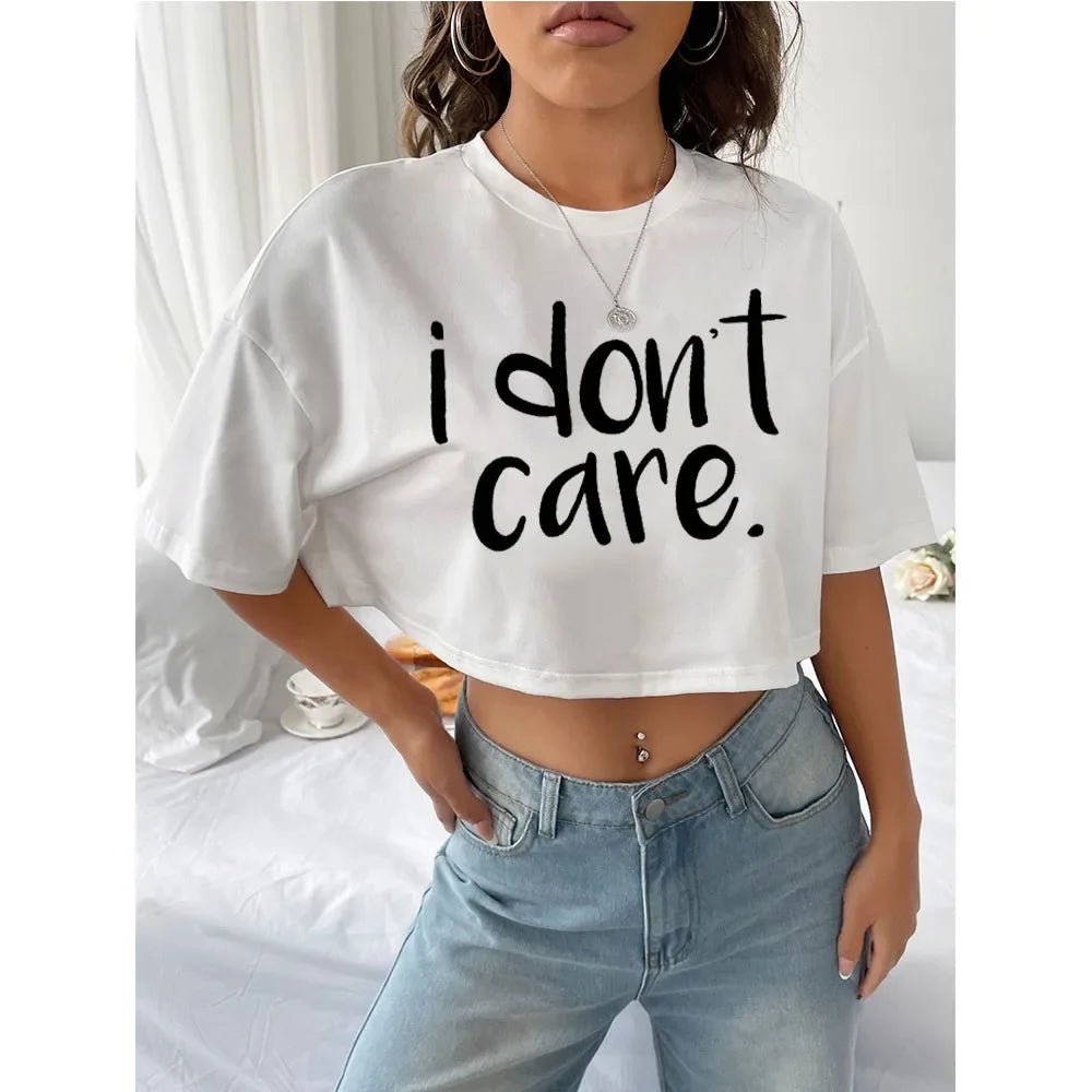 I Don't Care Print Crop Tee T-Shirt Women Clothing - AdeLShop