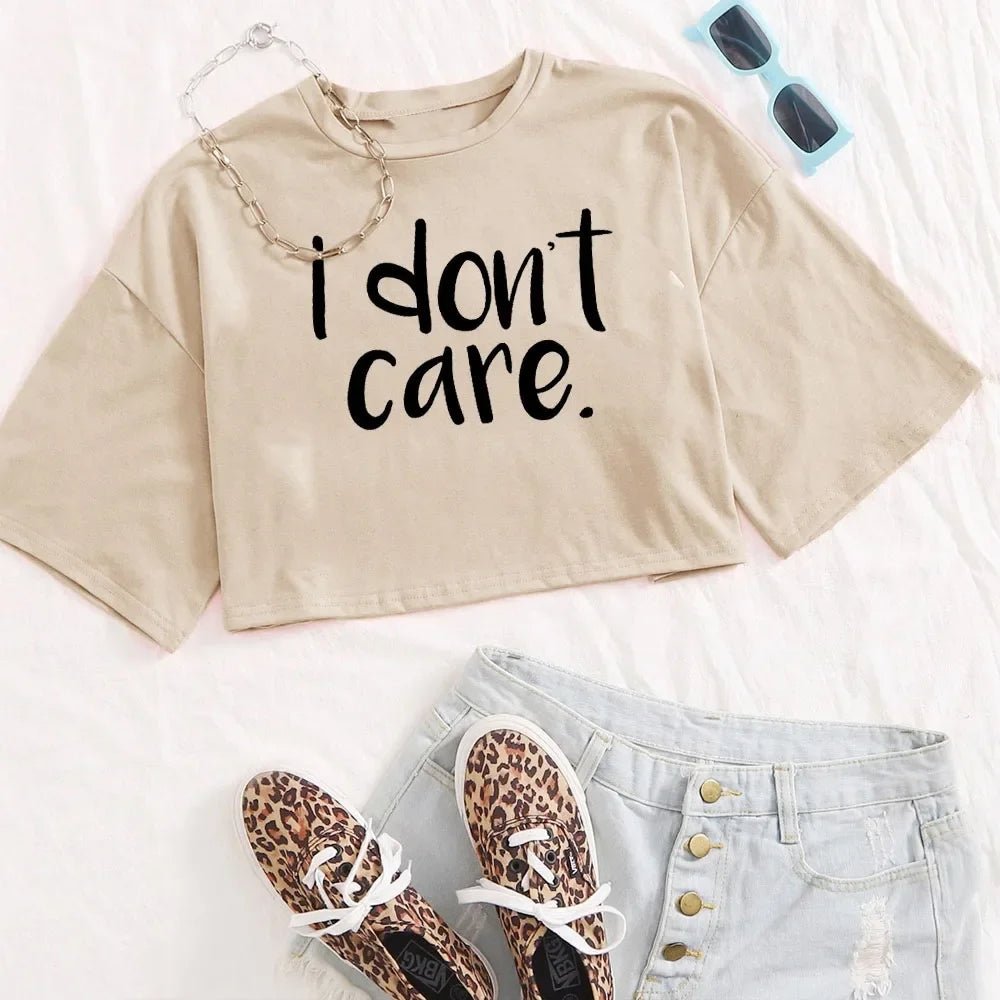I Don't Care Print Crop Tee T-Shirt Women Clothing - AdeLShop