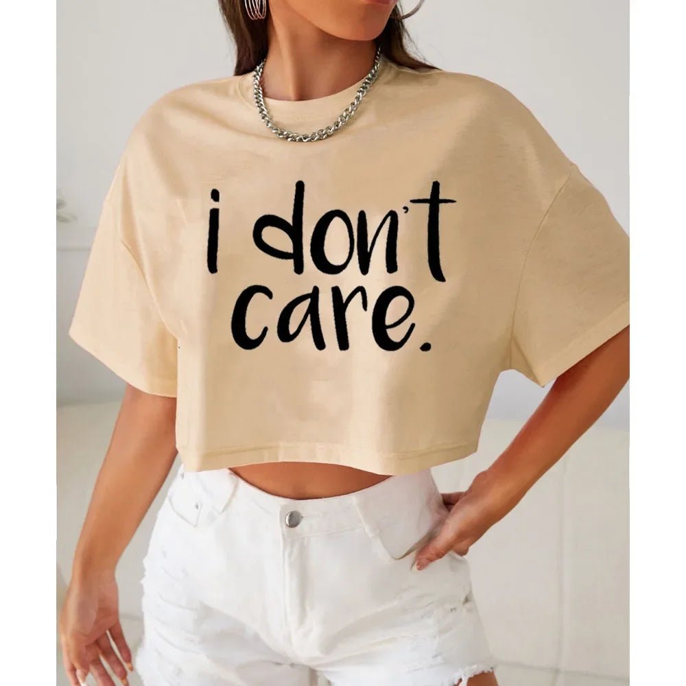 I Don't Care Print Crop Tee T-Shirt Women Clothing - AdeLShop