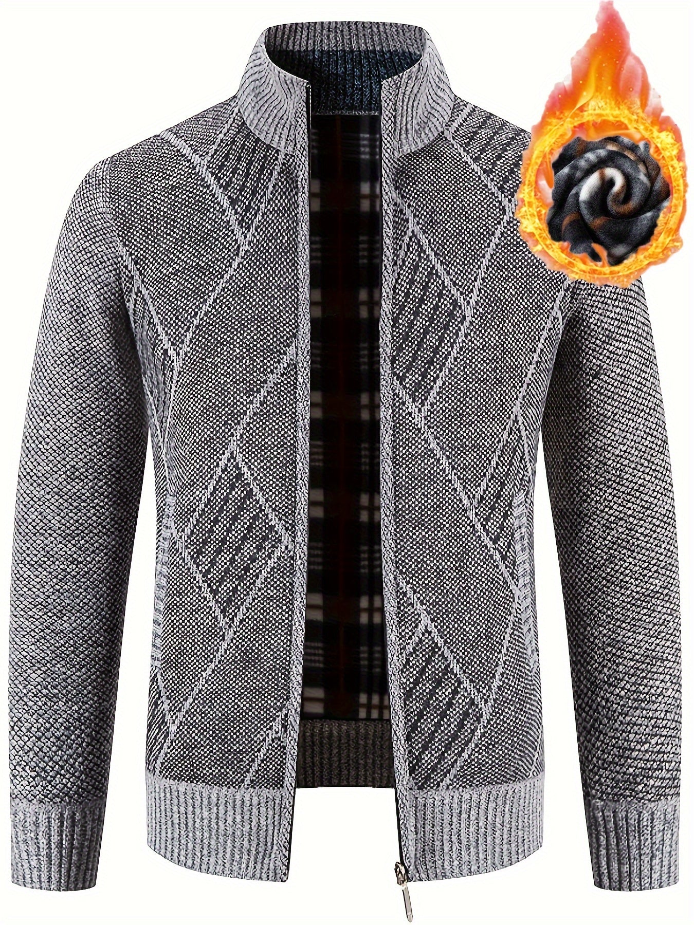 Loldeal Men'S Stand Collar Diamond Plaid Cardigan - AdeLShop