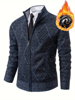 Loldeal Men'S Stand Collar Diamond Plaid Cardigan - AdeLShop