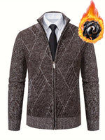 Loldeal Men'S Stand Collar Diamond Plaid Cardigan - AdeLShop