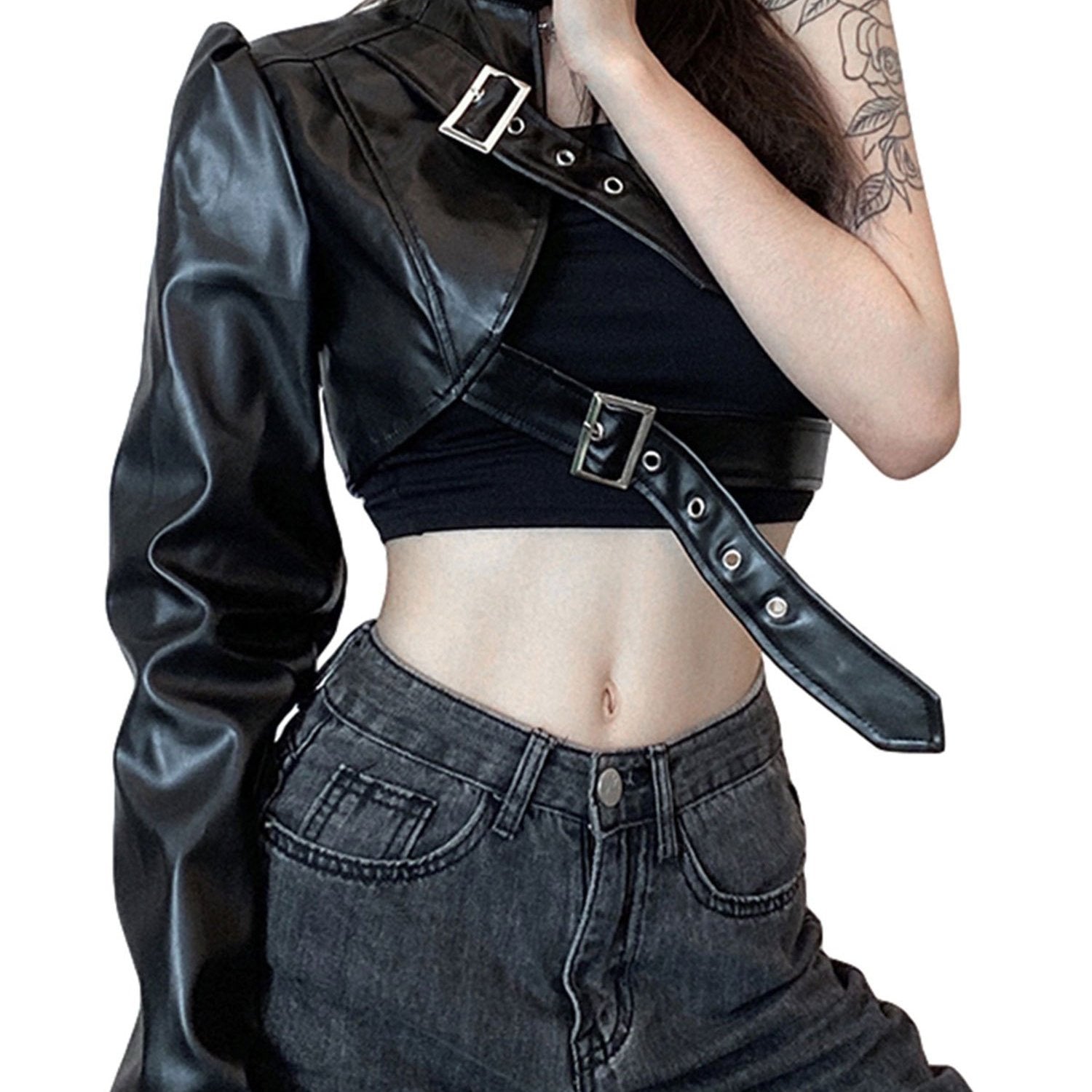 Punk Style Crop Tops, Cool Single Long Sleeve Neck Hanger Women Clothing - AdeLShop