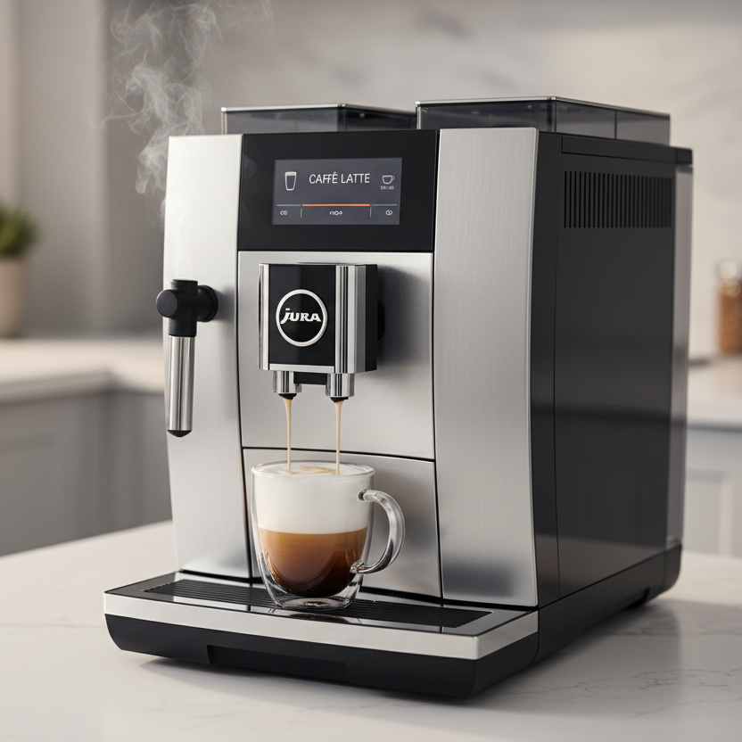 un aparat de cafea marca jura care e pe masa din bucatarie si proceseaza cafea latte