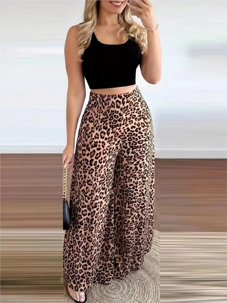 Women Two Piece Sets Outfits Leopard Print Pocket Wide Leg Pants Set - AdeLShop