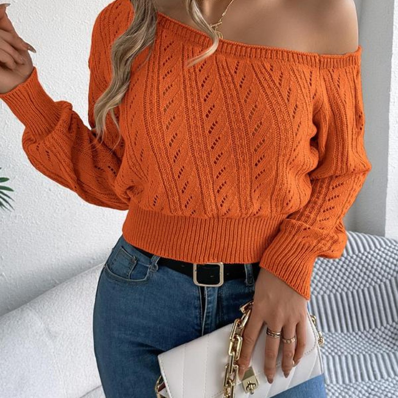 Women'S Elegant Asymmetrical One - Shoulder Sweater with Raglan Sleeves - AdeLShop